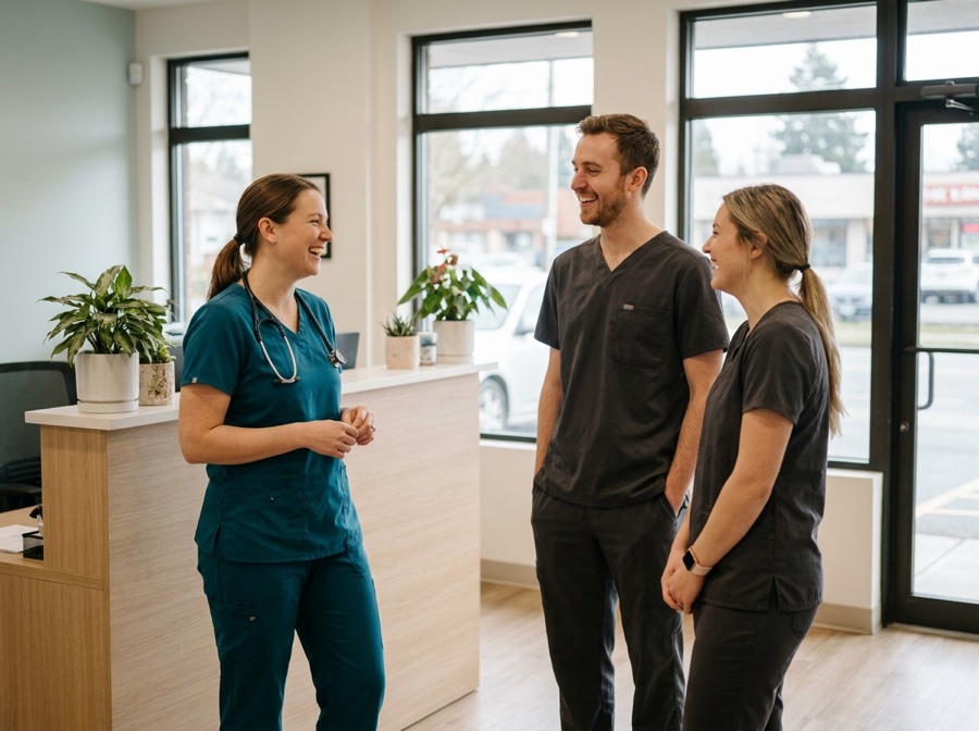 Three veterinary staff in scrubs talking together in a clinic reception area